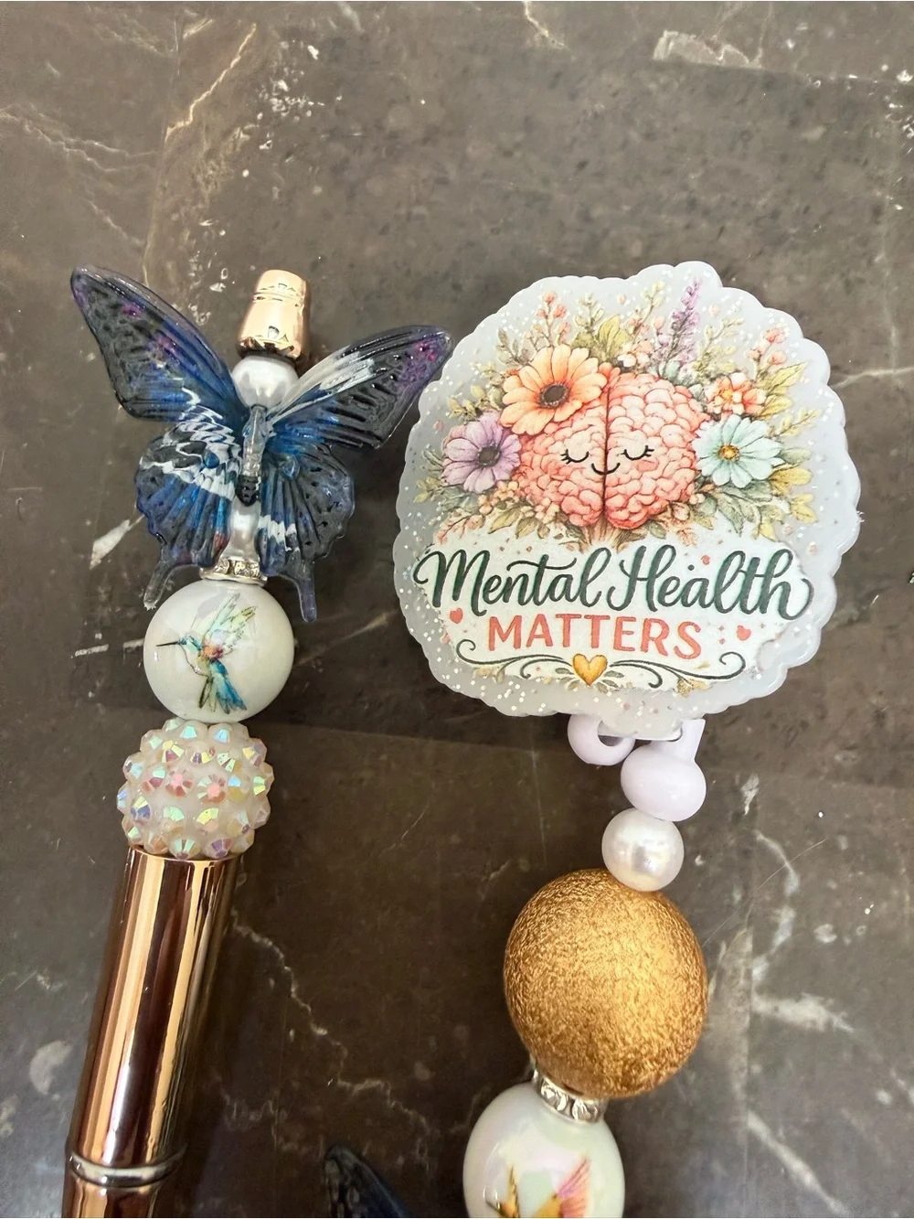 Mental Health Matters Butterfly Beaded Pen and Matching Badge Reel Set Handmade